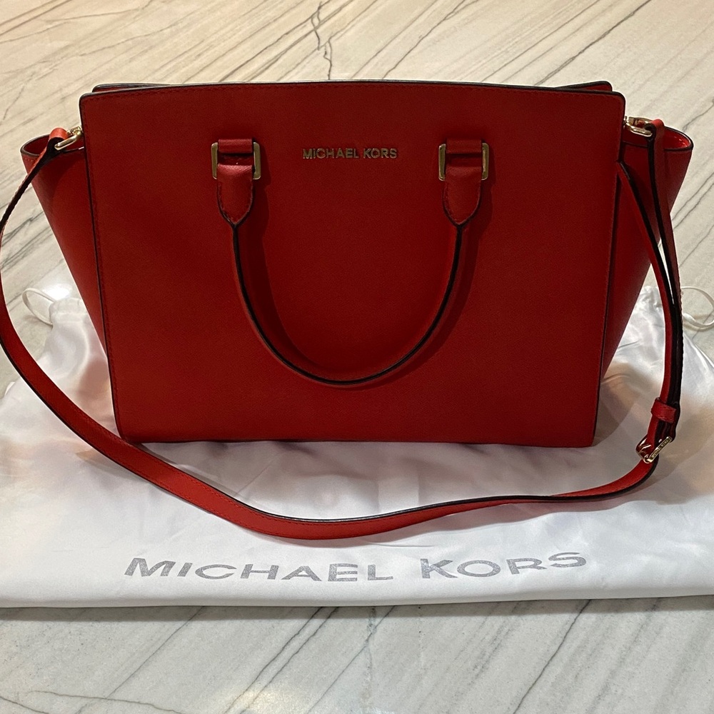 Michael Kors Red Leather Structured Satchel with Shoulder Strap
